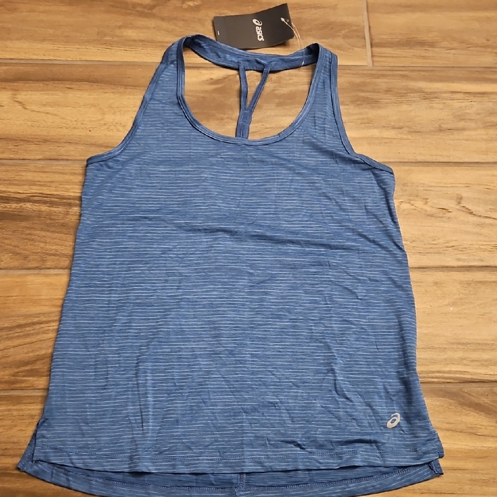 NWT ASICS Blue Loose Tank Top Stripe Mesh Spaghetti Strap Size M